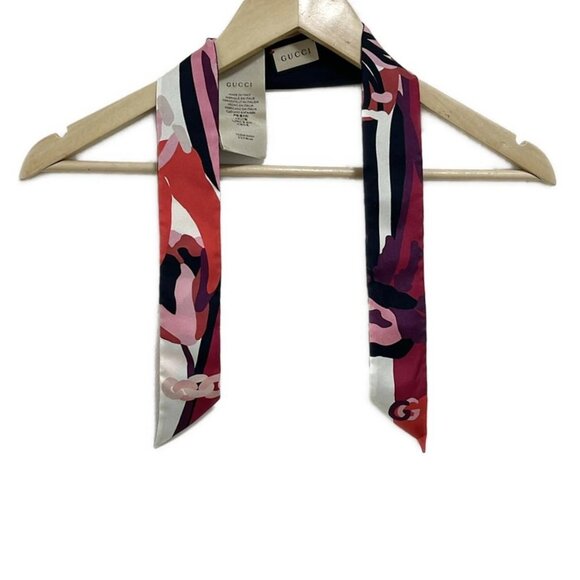 GUCCI neck bow - Black Red Pink Silk Scarf 214-071825 - Picture 1 of 6